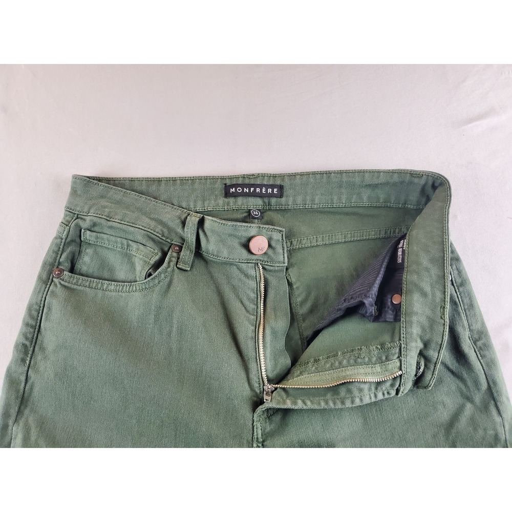 Monfrere Pants Mens 31 Green Army Stretch Performance Zip Pockets Japanese Denim - Picture 10 of 16